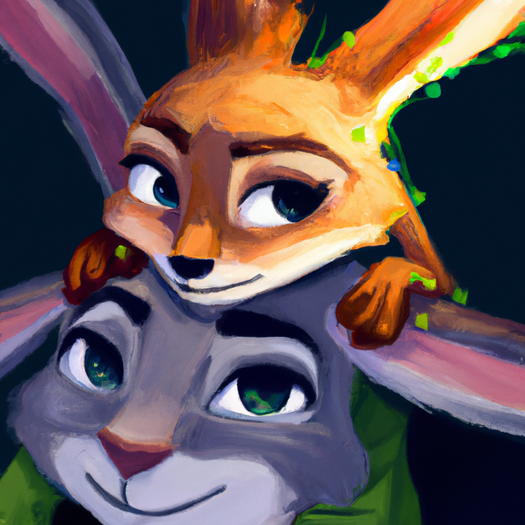 An image of Judy Hopps and Nick Wilde from Zootopia. Judy Hopps head is on the bottom and Nick Wildes head is on top with Judy Hopps ears going around Nick Wildes head